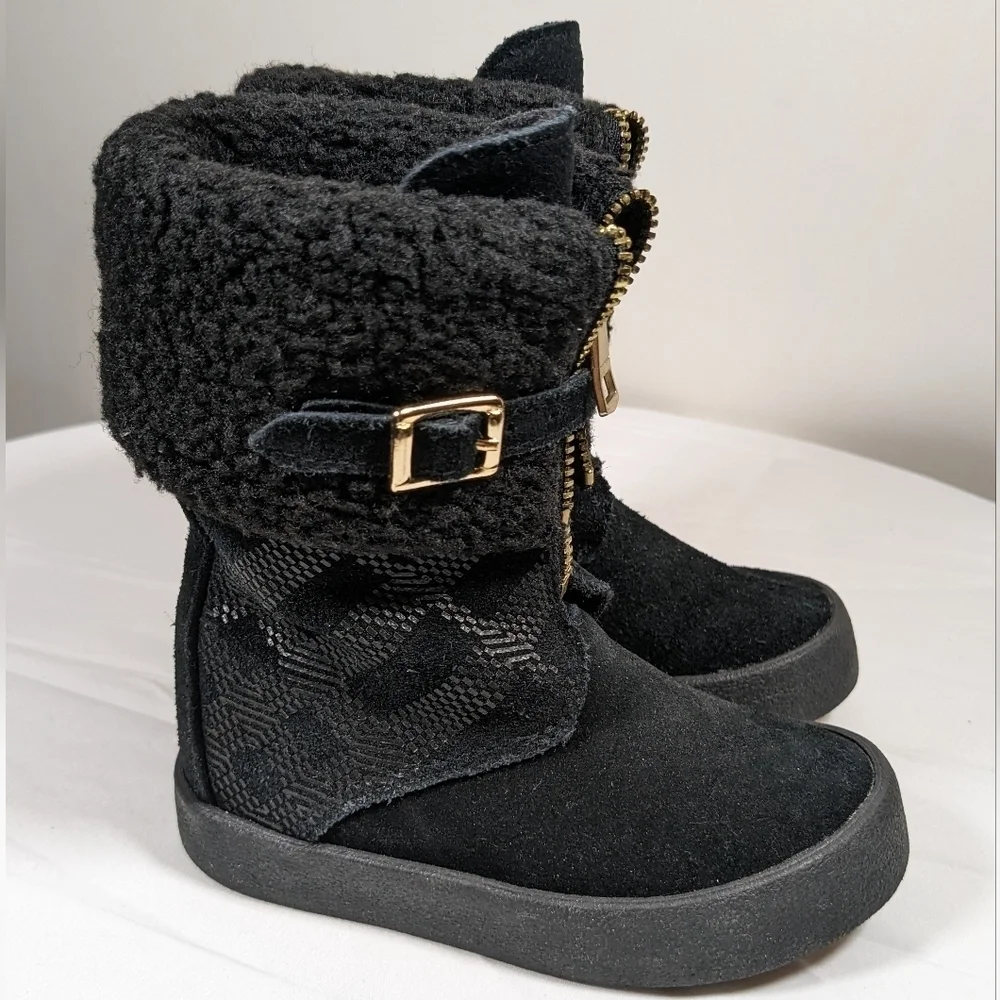 BURBERRY Girls Check Suede Leather Zip  Black Winter Boots New W/O Tags Size 23